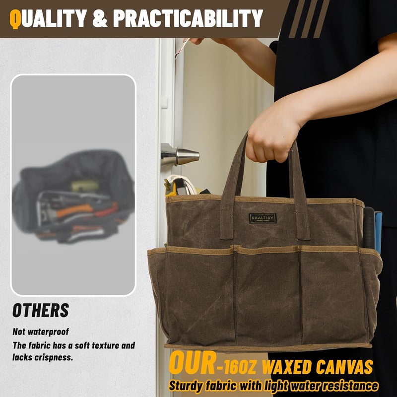 Kaaltisy 16OZ Waxed Canvas Tool Tote Bag for Garden Tools Wrench Set & Screwdrivers | 11-Pocket Garden Tool Bag with Portable Handles, Multi-Purpose Tool Storage Organizer (14"L x 5.5"W x 10.5"H) – Grey - Image 5